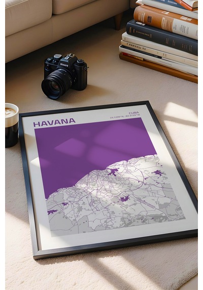 Havana Küba Cuba Şehir Haritası Çerçeveli Tablo Lüks Salon Ofis Duvar Dekorasyonu Hediyelik Tablo