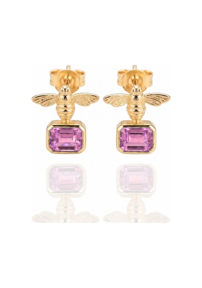 Otantik Arı Figürlü Oktagen Zirkon Taşlı Minimal Küpe Pembe