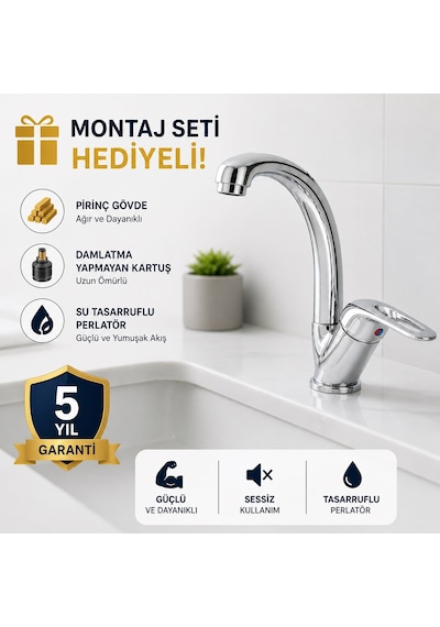 Defne Lavabo Bataryası  Pirinç Gövde Çift Su Girişli Musluk Krom