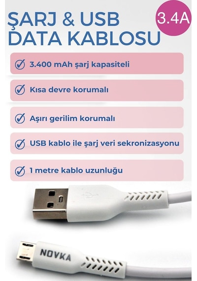 Novka NVK06 Micro & Usb 3.4 A Şarj Ve Data Kablosu 1 M Beyaz