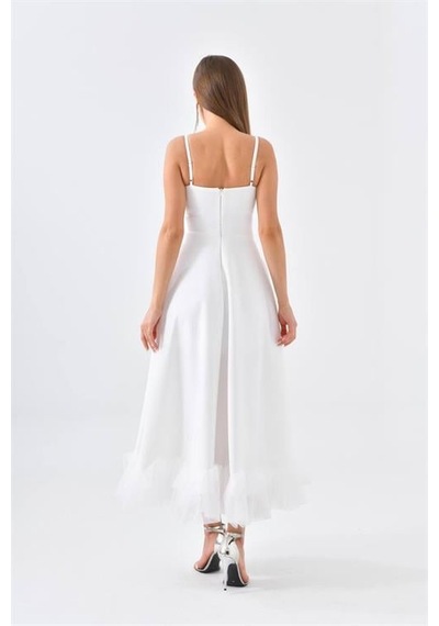 Dip Moda Kadın Eteği Fırfır Detaylı Abiye Elbise Dpnbswll12 Ekru