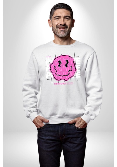 Positive Enerji Emoji Gülen Surat Unisex Beyaz Sweatshirt Beyaz