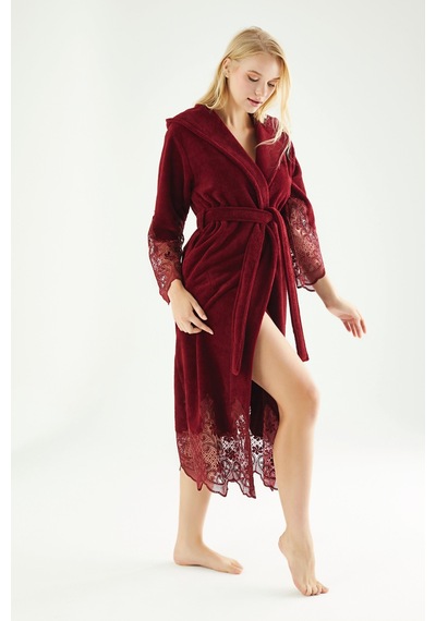 Dantelli Uzun Kapüşonlu Triga Bambu Cotton Bayan Bornoz Bordo