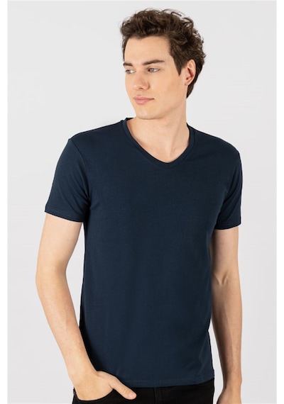 Tudors Slim Fit Dar Kesim V Yaka Düz Basıc Kısa Kol T-Shirt-16656 Lacivert