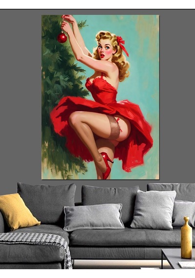 Ahşap Tablo Kırmızı Elbiseli Pin-up Kız