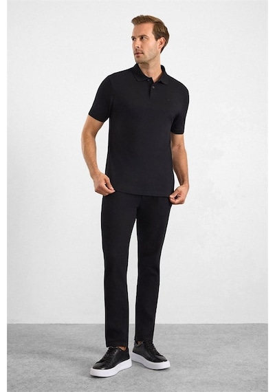 Süvari Siyah Regular Düz Nakışlı Pike Düğmeli Polo Yaka Tişört Sts1014000018-s09