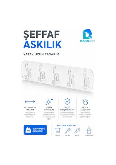 5 Kancalı Şeffaf Yapışkanlı Duvar Askılığı Delmeden Montaj -şeffaf