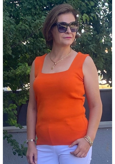 Mia Butik Büyük Beden Turuncu Kare Yaka Triko Bluz -1434 Turuncu