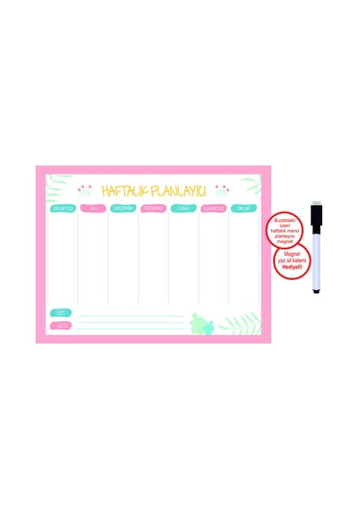 Haftalık Magnet Planlayıcı Kalem Hediyeli 1 Adet 33x24 Cm Haftalık Magnet Planlayıcı Pudra Rengi Çok Renkli
