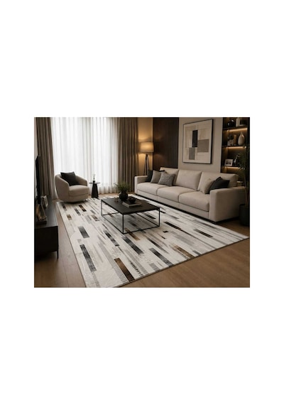 Nesrin Modern Çizgili Gri Antre Koridor Yolluk & Salon Halısı - Kaymaz Taban Şık Tasarım Krem