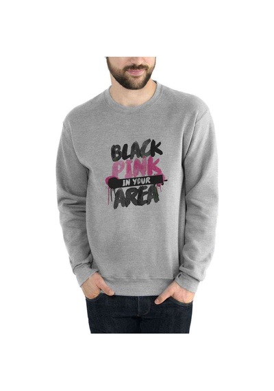 Black Pink In Your Area Baskılı Gri Erkek Örme Sweatshirt