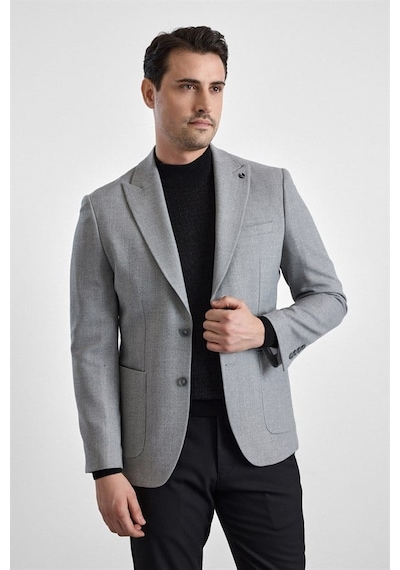 Süvari Gri Slim Mono Yaka Torba Cep 6 Drop Klasik Ceket Ct2021600416-s05