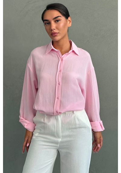 Madmext Pembe Keten Kadın Gömlek Mg2797