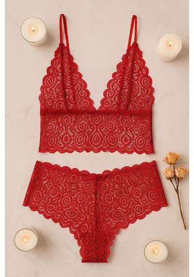 Moda Dua Kadın Kırmızı Dantel Bralet Şort Takımı Tutkulu Ve Çekici İç Giyim
