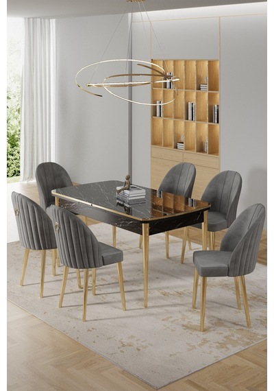 Canisa Rada Serisi 80x132 Açılabilir Lak Panel Siyah Mermer Desen Masa Takımı 6 Gri Sandalye Gold Detay Masa Siyah Mermer Desen Sandalye Gri Canisa Rada Serisi 80x132 Açılabilir Lak Panel Siyah Mermer Desen Masa Takımı 6 Gri Sandalye Gold Detay Masa Siyah Mermer Desen Sandalye Gri