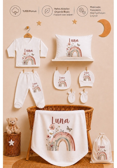 Pia Baby Kız Bebek Hastane Çıkışı Hediye Seti 8 Parça Zıbın Set %100 Pamuk Battaniye Yastık Ve Kese 1080zybkyx Krem