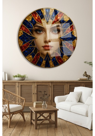 Kristal Taş Kadın Figürü Yuvarlak Cam Tablo Şık Duvar Tablosu Uv Baskı Canlı Renkler Yatak Odası Ve Antre Ev Hediyesi Parlak Cam Yüzey