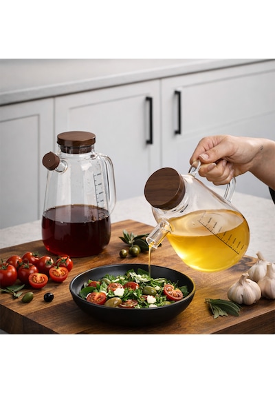 Porsima Lm-0109 Livra Kapaklı Borosilikat Cam 2li Yağlık Sirkelik Yağdanlık Seti 1000ml Şeffaf