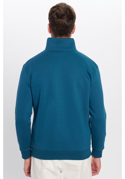 Tudors Unisex Relax Fit Rahat Kesim Pamuklu İçi Polarlı Yarım Fermuarlı İndigo Dik Yaka Sweatshirt-31449 Indıgo İndigo