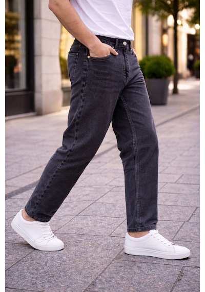 Cedy Denim Dar Paça Erkek Yüksek Bel Kot Pantolon - Salaş Mom Jean C333 Antrasit