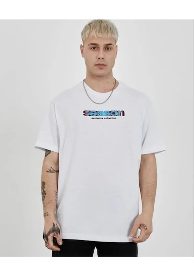 Modi Unisex Bisiklet Yaka Baskılı Oversize T-shirt - Beyaz - Mymg180621