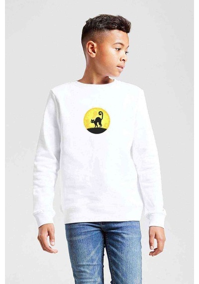 Tshirthane Black Cat In The Moon Baskılı Unisex Çocuk Beyaz Sweatshirt Beyaz