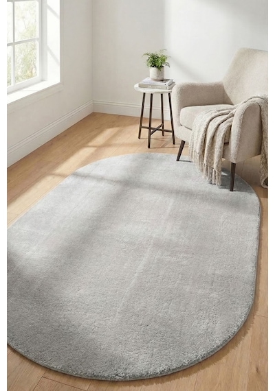 Oval Puffy Yumuşak Peluş Halı , Kaymaz, Yıkanabilir, Antre, Hol, Mutfak, Makyaj Masası Önü Halısı Gri