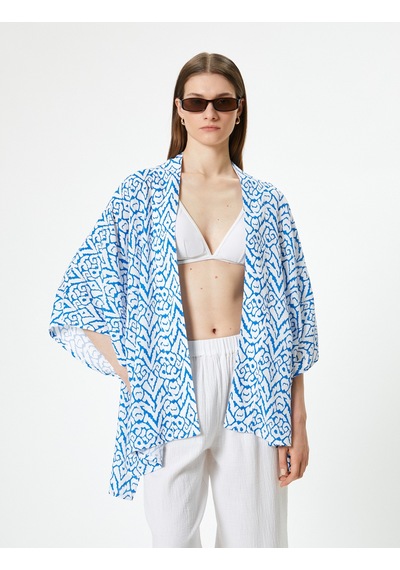 Koton Oversize Kimono Kısa Geniş Kollu Viskoz Kumaş Etnik Desenli Lacivert Desenli 4sak80019mw Lacivert