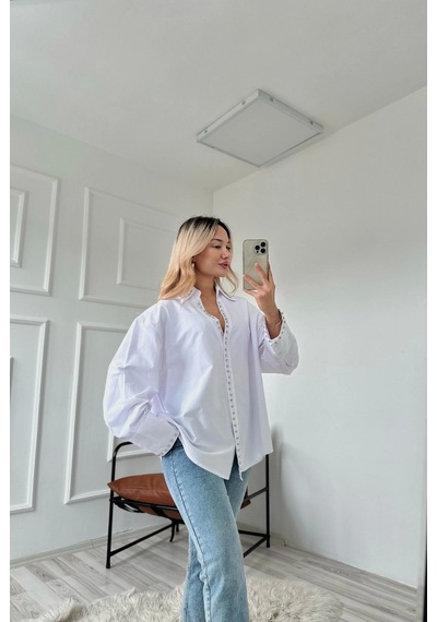 Keymoda Kadın Taş Detaylı Poplin Gömlek Beyaz Beyaz