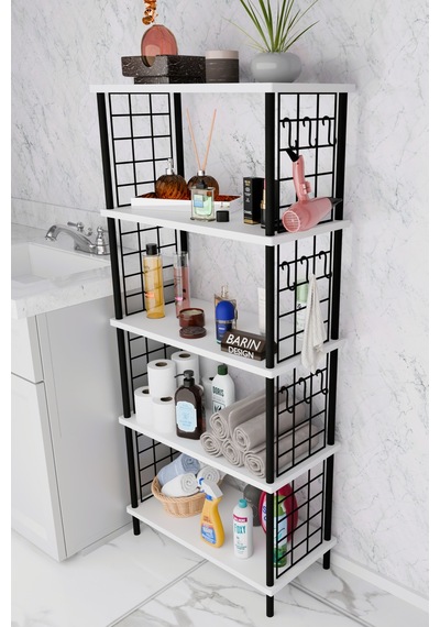 5 Raflı Çevir-kur Raf Ünitesi Telli Metal Gövdeli Organizer Banyo, Mutfak, Balkon, Antre Uyumlu Beyaz