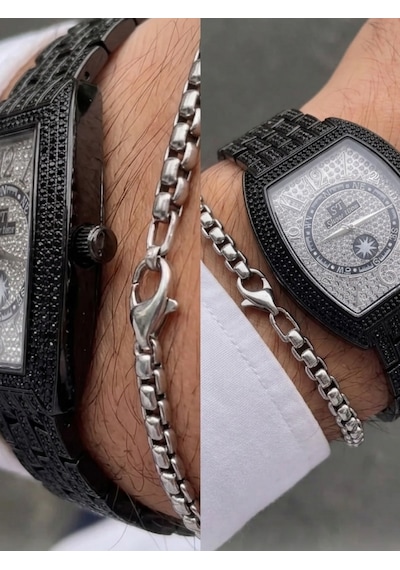 Erkek Taş İşlemeli Çelik Kol Saati Lüks Quartz Erkek Saati Premium Tasarım Bileklik Hediyeli Şık Erkek Kol Saati Siyah-25 Cm