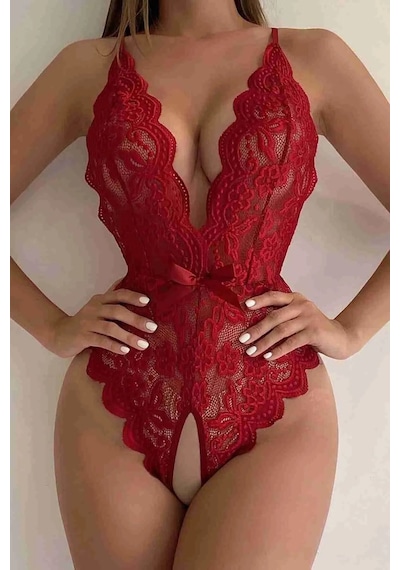 New Dreams Modern Göz Alıcı Dantelli Siyah Jartiyer Gecelik Kombin Set Kırmızı