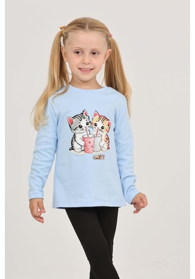 Toontoy Kız Çocuk Regular Fit Bisiklet Yaka Baskılı Sweatshirt - Tk24803 Mavi
