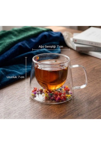 2li El Yapımı Gerçek Kuru Çiçekli Çift Cidarlı Cam Kupa Hediyelik Tasarım Çay Fincanı 250ml. Şefaf
