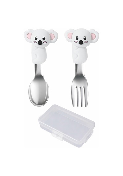 Koala Figürlü Açık Gri Premium Çocuk Bpa Free Silikon Saplı Paslanmaz Çelik Uçlu Çatal-kaşık, 9+ Ay
