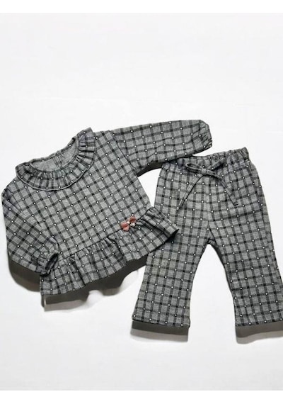 Çikoby Kız Bebek Kareli Bebek Yaka Örme Pantolonlu Takım-14882 Gri