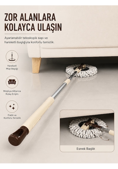 Tekerlekli Spin Mop Seti- Pedallı Sıkma Hazneli, Mikrofiber Başlıklı Ve Teleskopik Saplı Temizlik Seti