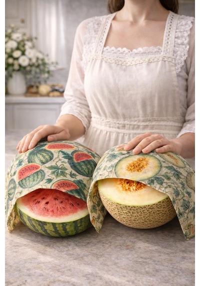 Premium Balmumu Gıda Saklama Bezi 2 Li Set Karpuz & Kavun Desenli 40x40 Cm Çok  Renkli