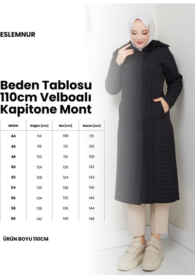 Eslemnur 110cm İçi Velboalı Kapitone Mont Haki