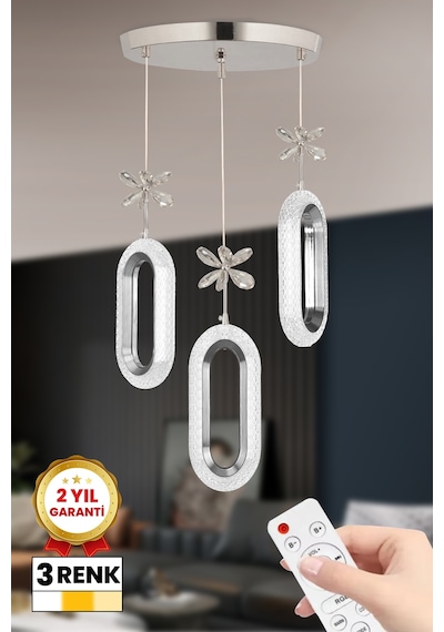 3 Renk Kumandalı 3 Lü Yüzük Led Avize Gümüş Kasa Modern Ledli Avize Gri - 850440200 Gri - 850440200 Gri