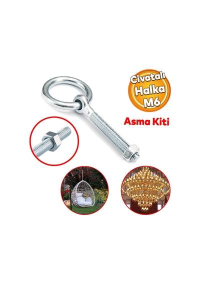 Delikli Halkalı Metal Paslanmaz Civata M6 Somunlu Sabitleme Çekme Kaldırma Tavan Kancası Asma Kit Belirtilmemiş