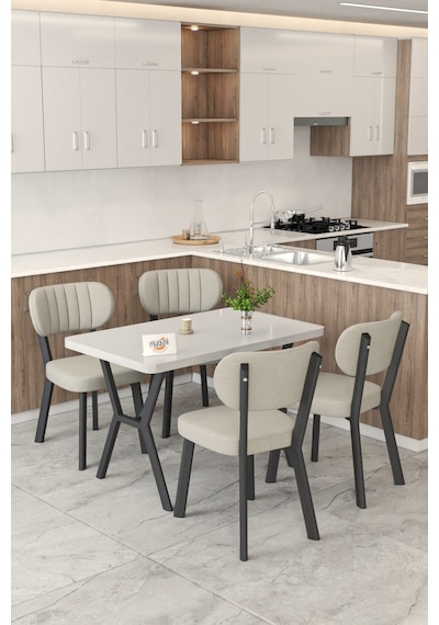 Gnr 70x110cm Sabit Beyaz Mutfak Masası Takımı, Yemek Masası, 4 Modern Krem Sandalye Krem