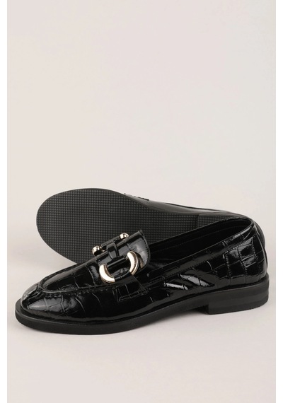 Gondol Kadın Hakiki Deri Tokalı Loafer Ayakkabı Crm.181 Siyah Croco