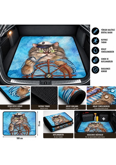 Kedili Universal Oto Bagaj Halısı 75x100 Cm Kaymaz Tabanlı, Dekoratif Araç Bagaj Paspası