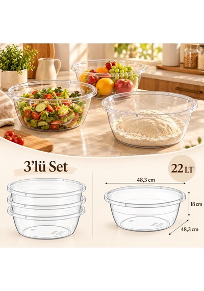 3'lü Şeffaf Karıştırma Ve Salata Kasesi Seti - 22 Litre Jumbo Boy Çok Amaçlı Hazırlık, Hamur Yoğurma Ve Sunum Diğer