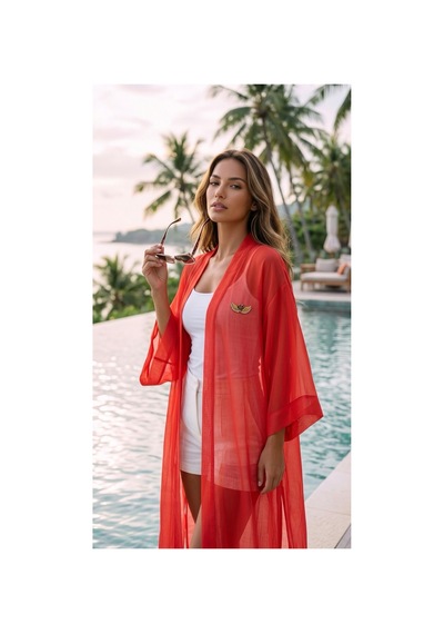 Lila Mare İnce Pamuk Vual Kumaşlı Handmade Beachwear Yazlık Kimono Renkli Renkli