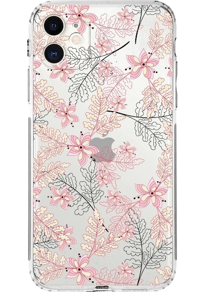 Apple Uyumlu iPhone 11kamera Korumalı Kapak Floral Kırmızı Tasarımlı Şeffaf Kılıf