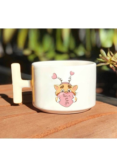 Kedi This Is For You Pembe Kalpli Baskılı Beyaz T Kulp Kupa Bardak