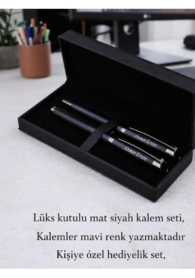 Mat Siyah Kişiye Özel Lüks Kutulu Roller Ve Tükenmez Kalem Seti