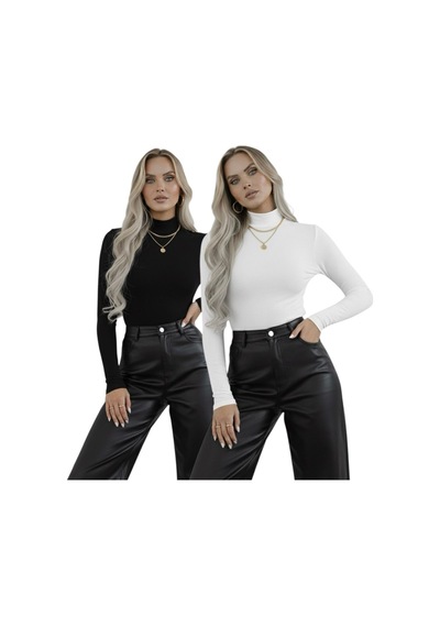 Hashtag Kadın Balıkçı Yaka Uzun Kollu Body 2'li Set Viskon Kumaş Siyah Beyaz
